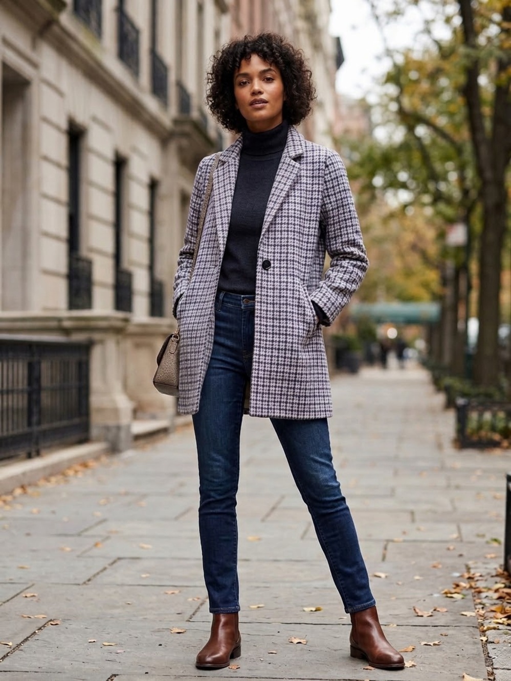 Sz M Cleo Petites Black & White Houndstooth Single-Button Pea Coat